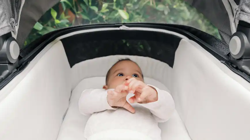 An infant relaxes in the bassinet while outdoors