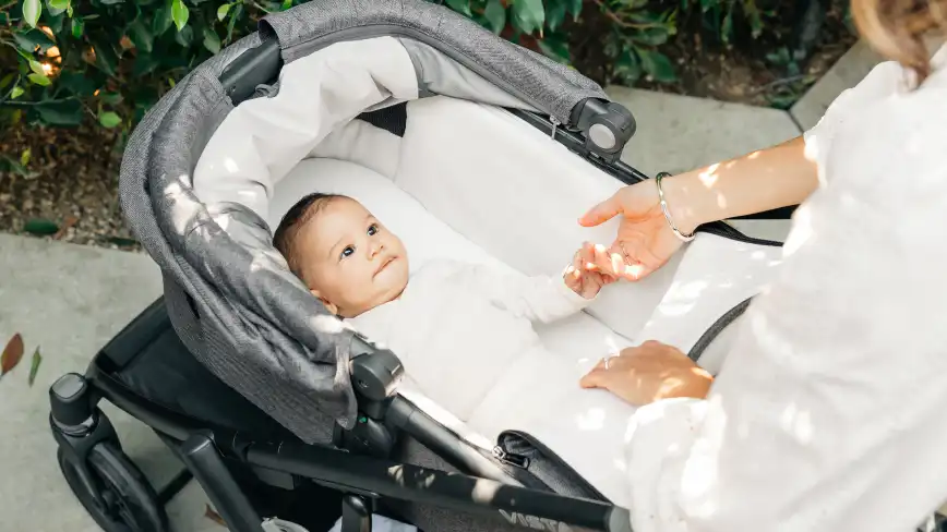 A parent hold hands with an infant in their bassinet installed on a Vista